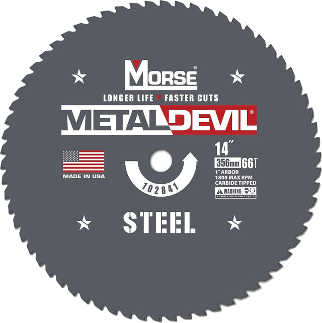 Morse Metal Devil 102841 Circular Saw Blade, 14 in Dia, 1 in Arbor, 66-Teeth, Applicable Materials: Iron, Steel