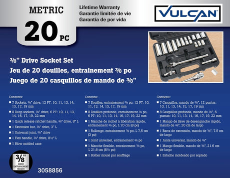 Vulcan TS1020-M Socket Set, Chrome Vanadium Steel, Chrome