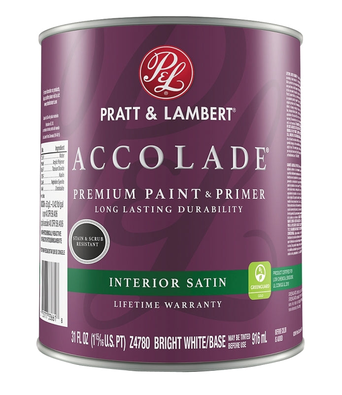 Pratt & Lambert Accolade 0000Z4780-14 Interior Paint, Satin Sheen, Bright White, 31 oz, 400 sq-ft Coverage Area