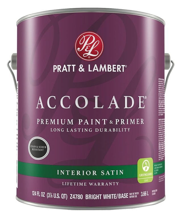 Pratt & Lambert Accolade 0000Z4780-16 Interior Paint, Satin Sheen, Bright White, 124 oz, 400 sq-ft Coverage Area Pack of 4