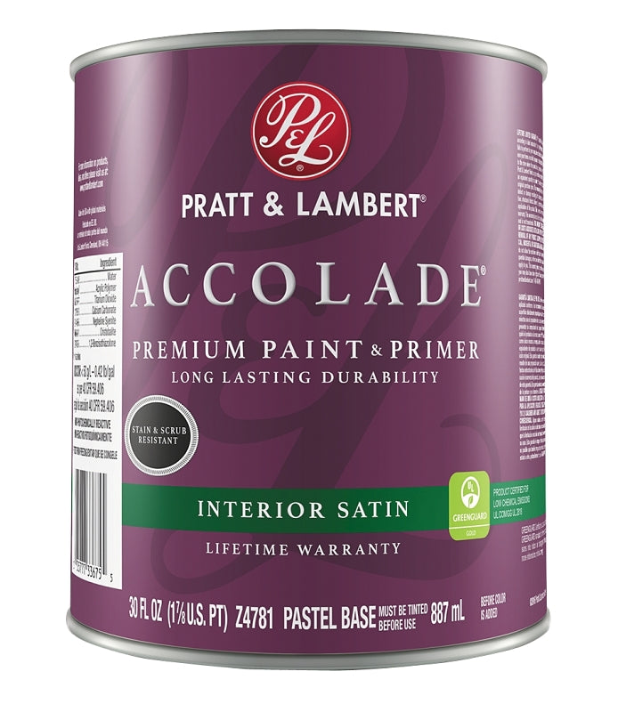 Pratt & Lambert Accolade 0000Z4781-14 Interior Paint, Satin Sheen, Pastel, 30 oz, 400 sq-ft Coverage Area