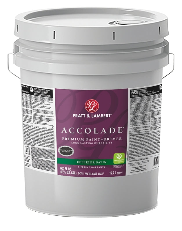 Pratt & Lambert Accolade 0000Z4781-20 Interior Paint, Satin Sheen, Pastel, 5 gal, 400 sq-ft Coverage Area