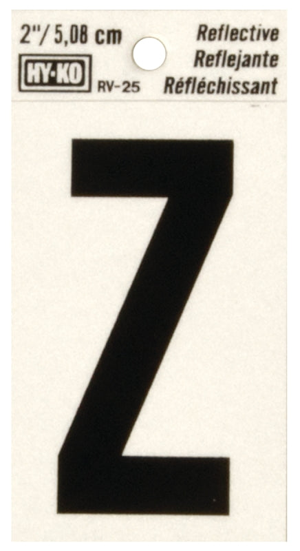 Hy-Ko RV-25/Z Reflective Letter, 1-1/2 in W x 3 in H Dimensions, Character: Z, 2 in H Character, Black Character, Vinyl, Pack of 10