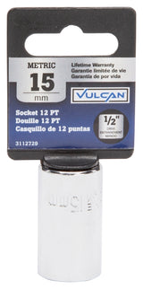 Vulcan MT6529861 Drive Socket, 15 mm Socket, 1/2 in Drive, 12-Point, Chrome Vanadium Steel, Chrome