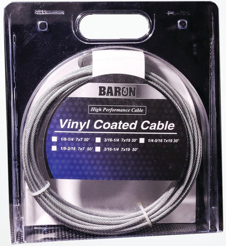 Baron 50201/50210 Aircraft Cable, 1/8 to 3/16 in Dia, 50 ft L, 340 lb Working Load, Galvanized Steel