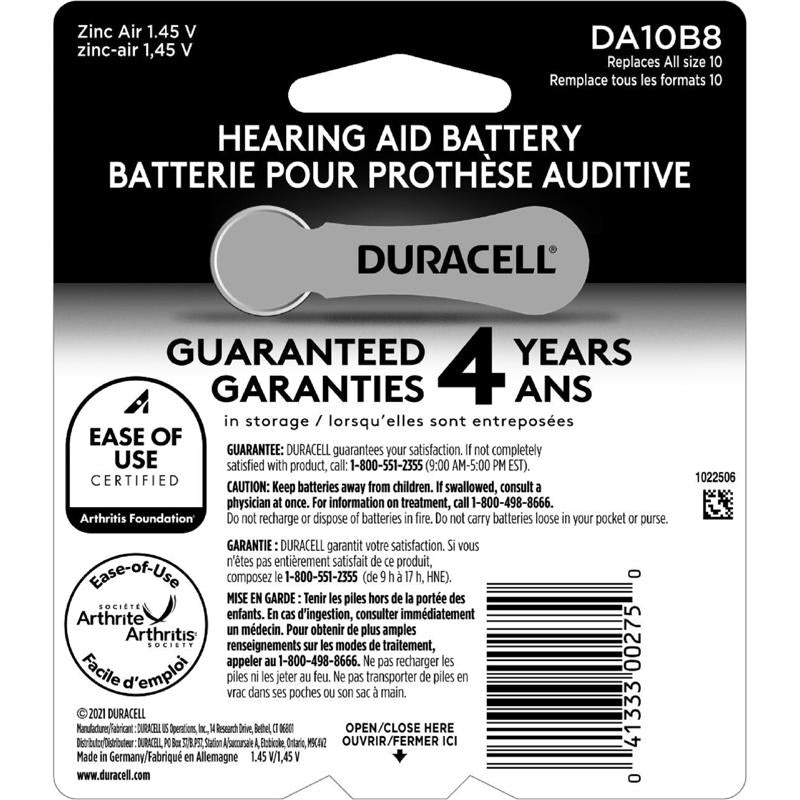 Duracell Zinc Air 10 1.4 V 100 mAh Hearing Aid Battery DA10 8 pk