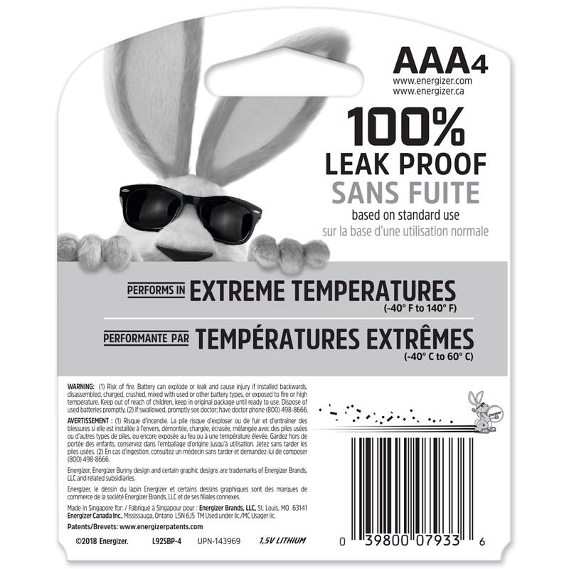 Energizer Ultimate Lithium AAA 1.5 V 1250 mAh Battery L92BP-4 4 pk