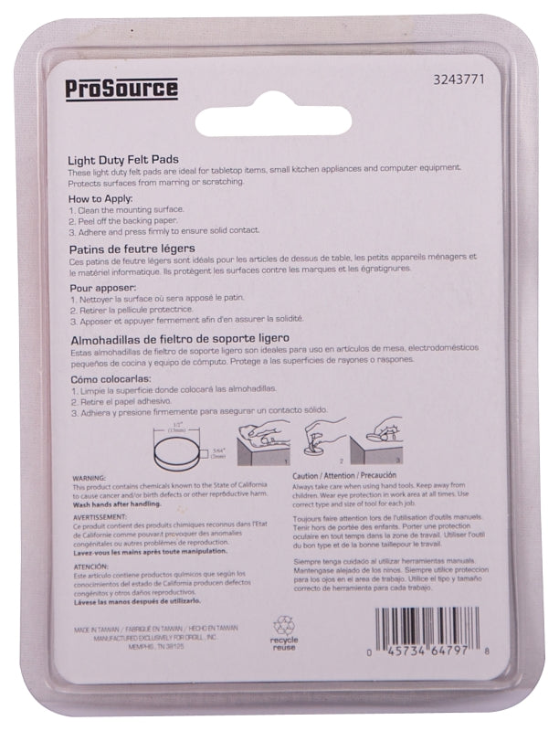 ProSource FE-50230-PS Furniture Pad, Felt Cloth, White, 1/2 in Dia, 5/64 in Thick, Round
