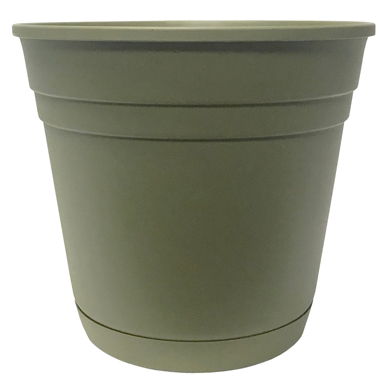 Southern Patio RN0812OG Planter with Saucer, 8 in Dia, Round, Poly Resin, Olive Green, Matte, Pack of 12
