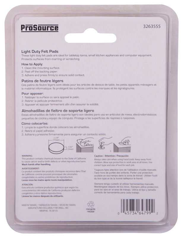 ProSource FE-50225-PS Furniture Pad, Felt Cloth, White, 1-3/8 in Dia, 5/64 in Thick, Round