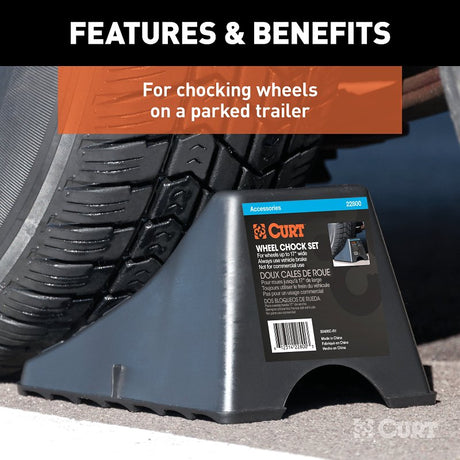 Curt 22800 Wheel Chock Set, 8-1/4 in L, 6.12 in W, 4-3/4 in H, Plastic, Black