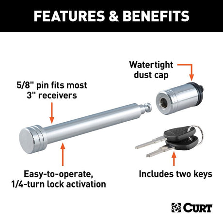Curt 23025 Hitch Lock, 5/8 in Dia Pin, 6-3/8 in OAL, Carbon Steel, Chrome