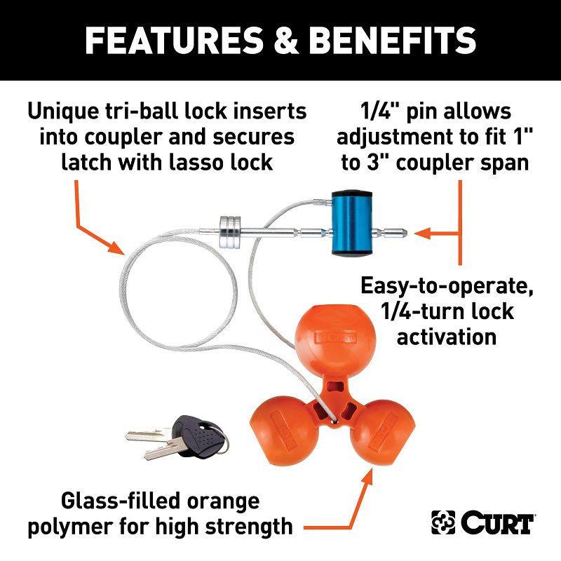 Curt 23083 Hitch and Tri-Ball Coupler Lock Set, 5/8 in Dia Pin, Carbon Steel, Chrome-Plated