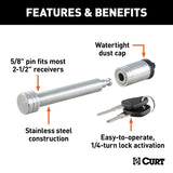 Curt 23519 Receiver Lock, Hitch Lock, 5/8 in Dia Shackle, Stainless Steel, Polished