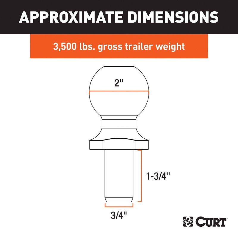 Curt 40064 Trailer Ball, 2 in Dia Ball, 3500 lb Gross Towing, 160 ft-lb Tongue Load, Steel, 1-3/4 in Shank Length, 1/PK