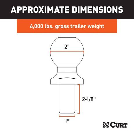 Curt 40066 Trailer Ball, 2 in Dia Ball, 1 in Dia Shank, 6000 lb Gross Towing, Steel, 2-1/8 in Shank Lenght
