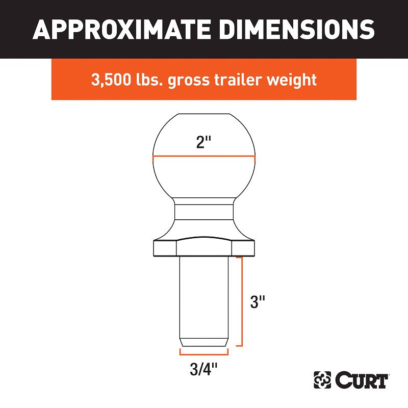 Curt 40073 Trailer Ball, 2 in Dia Ball, 3/4 in Dia Shank, 3500 lb Gross Towing, 160 ft-lb Tongue Load, Steel, 1/PK