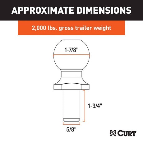 Curt 40096 Hitch Ball, 1-7/8 in Dia Ball, 5/8 in Dia Shank, 2000 lb Gross Towing, Carbon Steel