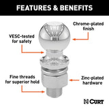 Curt 40098 Hitch Ball, 2 in Dia Ball, 5/8 in Dia Shank, 2000 lb Gross Towing, Carbon Steel