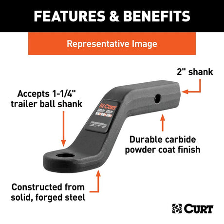 Curt 45341 Ball Mount, 8-1/2 in L, 4 in Drop, 3 in Rise, Class 5 Hitch, Steel, Carbide