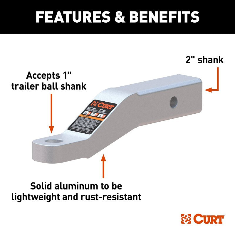 Curt 45360 Ball Mount, 8-1/2 in L, 2 in Drop, 1 in Rise, Class 3 Hitch, 1 in Dia Hitch Ball, Aluminum