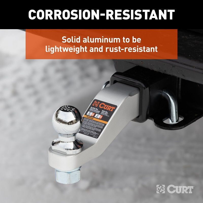 Curt 45360 Ball Mount, 8-1/2 in L, 2 in Drop, 1 in Rise, Class 3 Hitch, 1 in Dia Hitch Ball, Aluminum