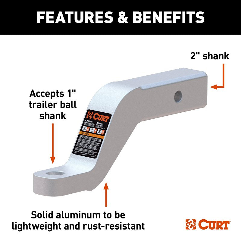 Curt 45361 Ball Mount, 8-1/2 in L, 4 in Drop, 3 in Rise, Class 3 Hitch, 1 in Dia Hitch Ball, Aluminum