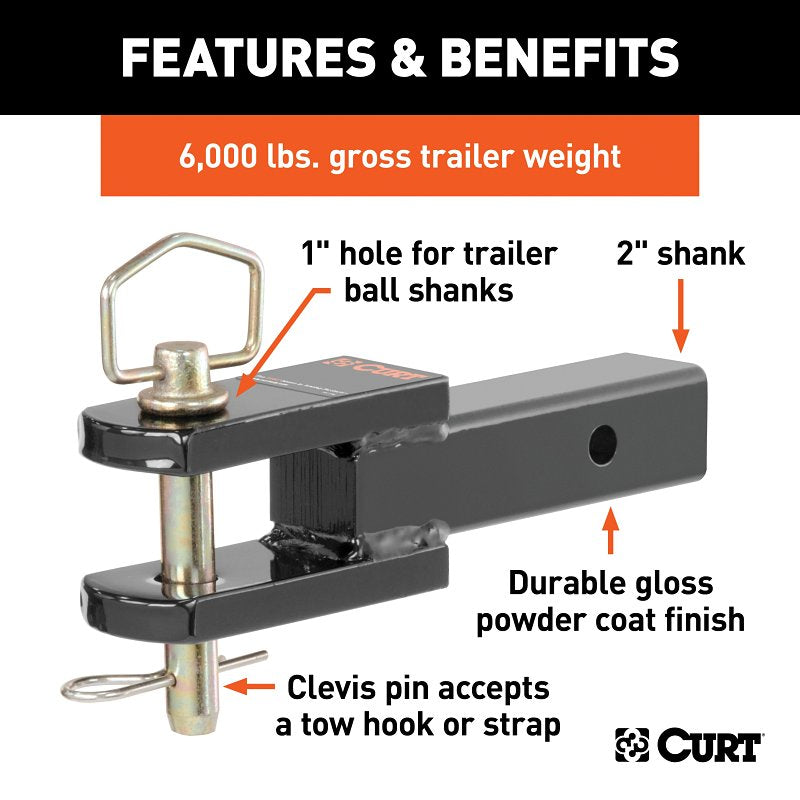 Curt 45821 Clevis-Pin Mount, 1-Hole, 2 in, 1 in Dia Hitch Ball, Steel Hitch Ball, Powder-Coated