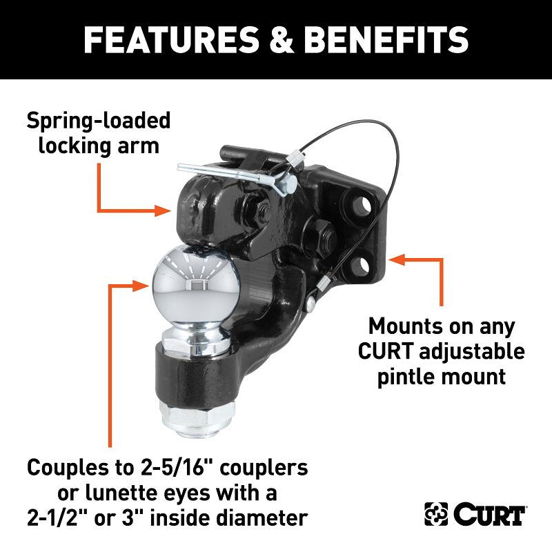 Curt 48200 Ball and Pintle Combination, 2-5/16 in Dia Eye, 16,000 lb Working Load, Steel, Powder-Coated