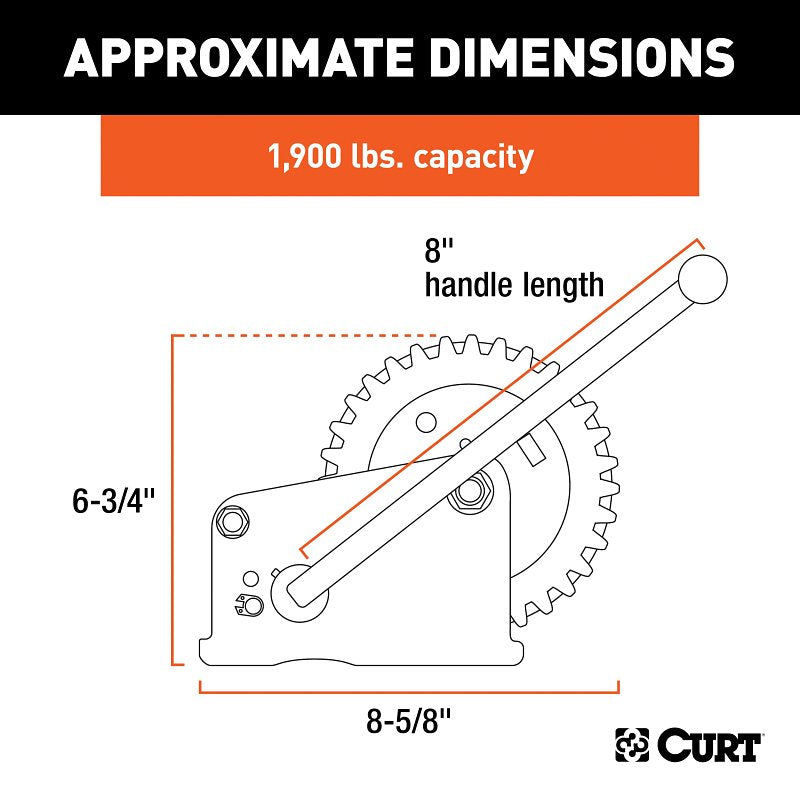 Curt 29428 Hand Crank Winch, Hand Power, 1900 lb, Steel