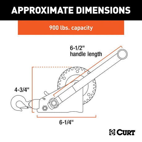 Curt 29433 Hand Crank Winch with 15 ft Strap, Hand Crank, 900 lb, Steel
