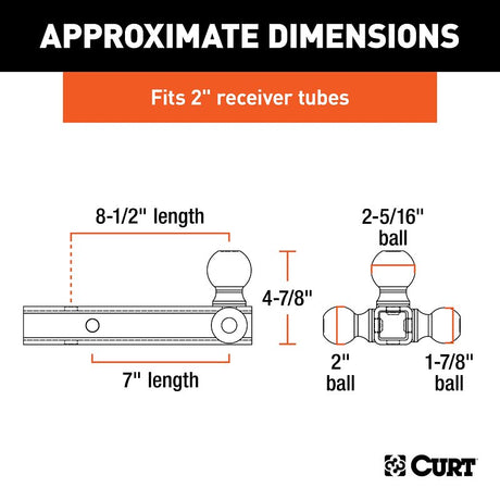 Curt 45001 Ball-Mount, 1-7/8, 2, 2-5/16 in Dia Hitch Ball, Steel, Powder-Coated