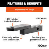 Curt 45519 Ball Mount, 9-3/4 in L, 1-1/4 in Drop, 3/4 in Rise, Class 2 Hitch, Carbon Steel, Powder-Coated