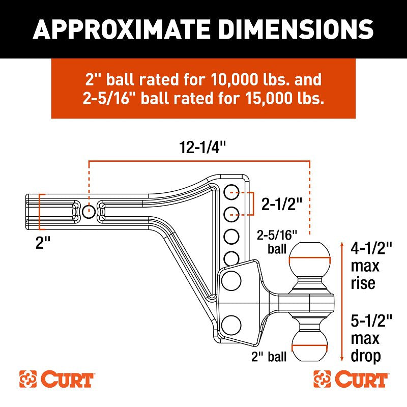 Curt 45935 Adjustable Trailer Hitch Dual-Ball Mount, 5-1/2 in Drop, 4-1/2 in Rise, 2, 2-5/16 in Dia Hitch Ball, 1/PK