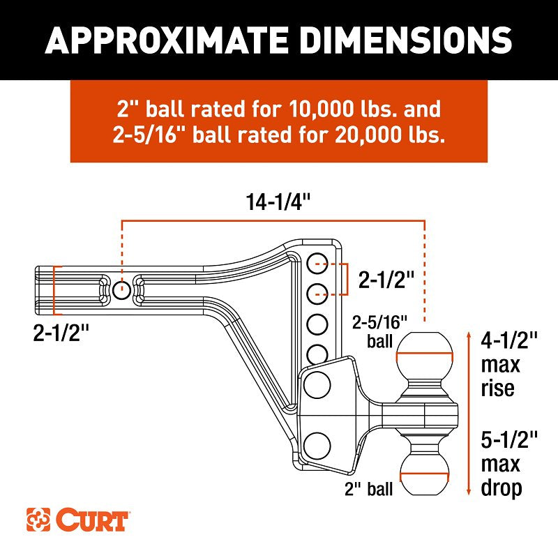 Curt 45937 Adjustable Trailer Hitch Dual-Ball Mount, 5-1/2 in Drop, 4 in Rise, 2, 2-5/16 in Dia Hitch Ball, Carbon Steel