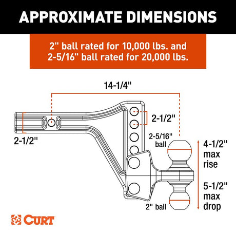 Curt 45937 Adjustable Trailer Hitch Dual-Ball Mount, 5-1/2 in Drop, 4 in Rise, 2, 2-5/16 in Dia Hitch Ball, Carbon Steel