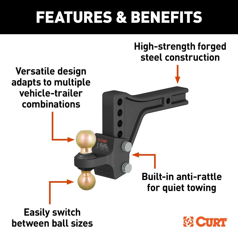 Curt 45937 Adjustable Trailer Hitch Dual-Ball Mount, 5-1/2 in Drop, 4 in Rise, 2, 2-5/16 in Dia Hitch Ball, Carbon Steel