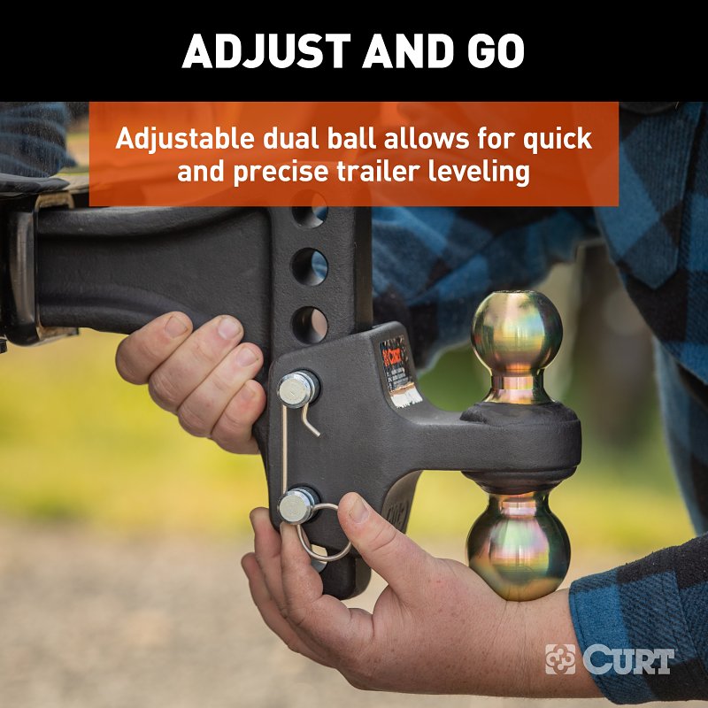 Curt 45937 Adjustable Trailer Hitch Dual-Ball Mount, 5-1/2 in Drop, 4 in Rise, 2, 2-5/16 in Dia Hitch Ball, Carbon Steel
