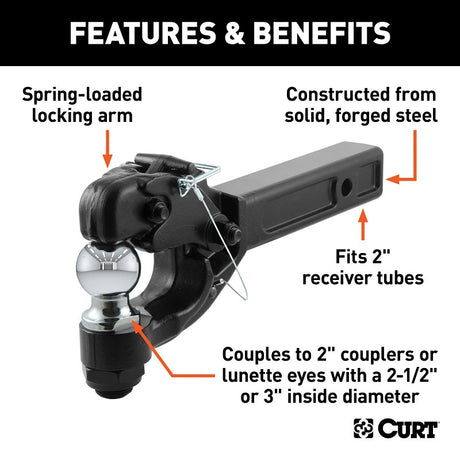 Curt 48007 Ball and Pintle Combination, 2 in Dia Eye, 10,000, 16,000 lb Working Load, Steel, Powder-Coated