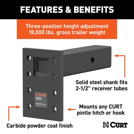 Curt 48329 Adjustable Pintle Mount, 18,000 lb, 5 in W, 7 in H, Steel, Powder-Coated