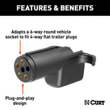 Curt 57621 Electrical Adapter, Plastic, For: 6-Way Round Vehicle Socket to Fit 4-Way Flat Trailer Plugs