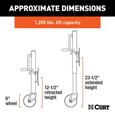 Curt 28113 Marine Jack with 6 in Wheel, 1200 lb Lifting, 10 in Max Lift H, 23-1/2 in OAH, Composite