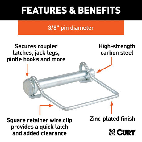 Curt 28279 Safety Pin, 3/8 in Dia Pin, 2-3/4 in OAL, Carbon Steel, Zinc