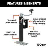 Curt 28300 Swivel Jack, 2000 lb Lifting, 10 in Max Lift H, Carbide