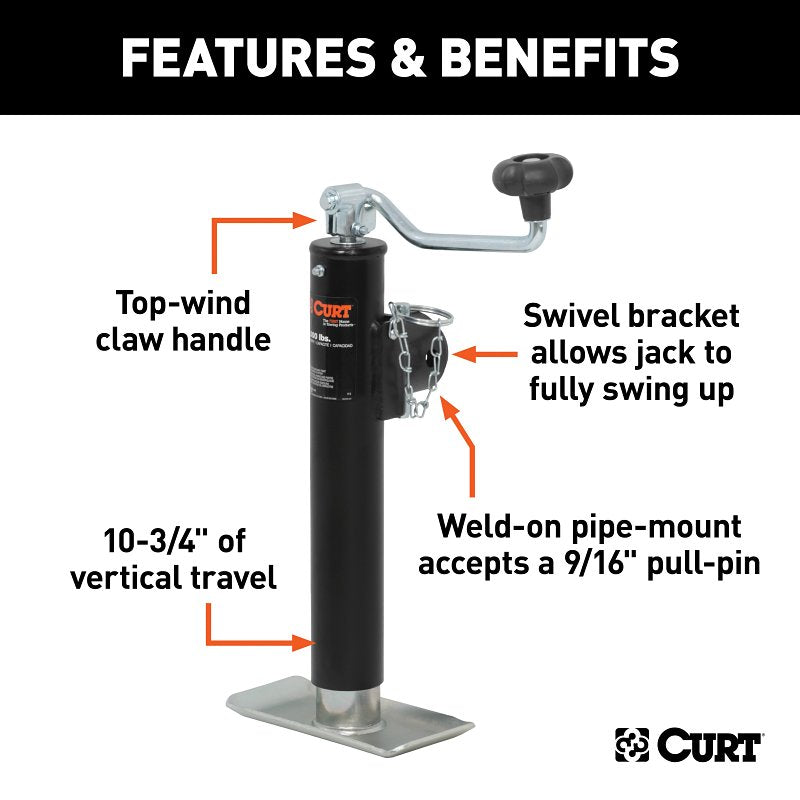 Curt 28320 Pipe-Mount Jack, 2000 lb Lifting, 10 in Max Lift H