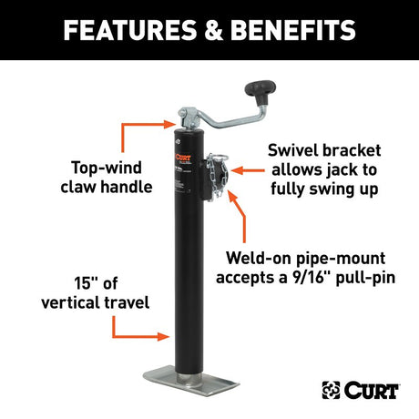 Curt 28322 Swivel Jack, 2000 lb Lifting, 15 in Max Lift H, Carbide