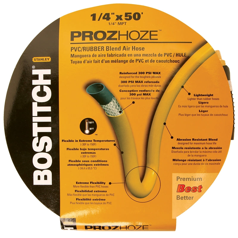 Bostitch HOPB1450 Air Hose, 1/4 in OD, 50 ft L, 300 psi Pressure, PVC/Rubber, Yellow