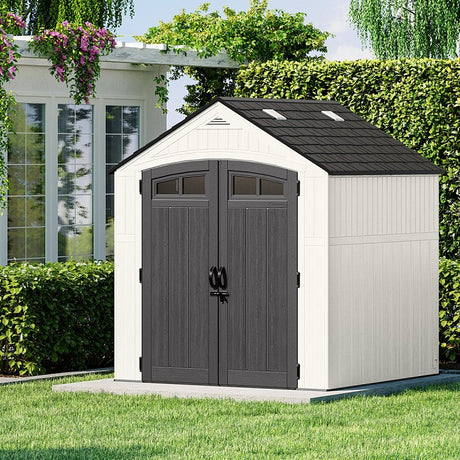 Suncast Ridgeland BMS7704 Storage Shed, 327 cu-ft Capacity, 7 ft 4 in W, 7 ft 1-1/4 in D, 8 ft 2 in H, Resin