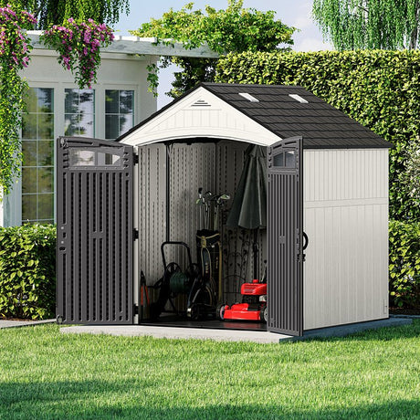 Suncast Ridgeland BMS7704 Storage Shed, 327 cu-ft Capacity, 7 ft 4 in W, 7 ft 1-1/4 in D, 8 ft 2 in H, Resin