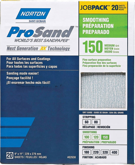 Norton ProSand 07660768171 Sanding Sheet, Tan, 11 in L, 9 in W, Medium, 150 Grit, Aluminum Oxide Abrasive, Paper Backing